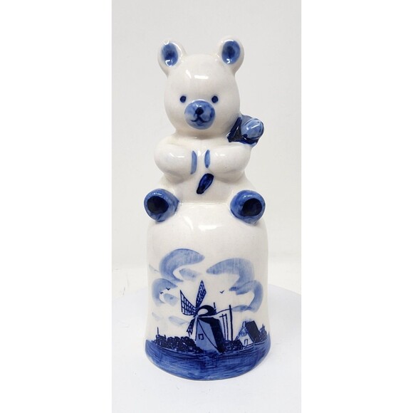 Vintage Delft Blue Teddy Bear Bell Handle 4.5" Blue & White Ceramic Windmill - Picture 2 of 11